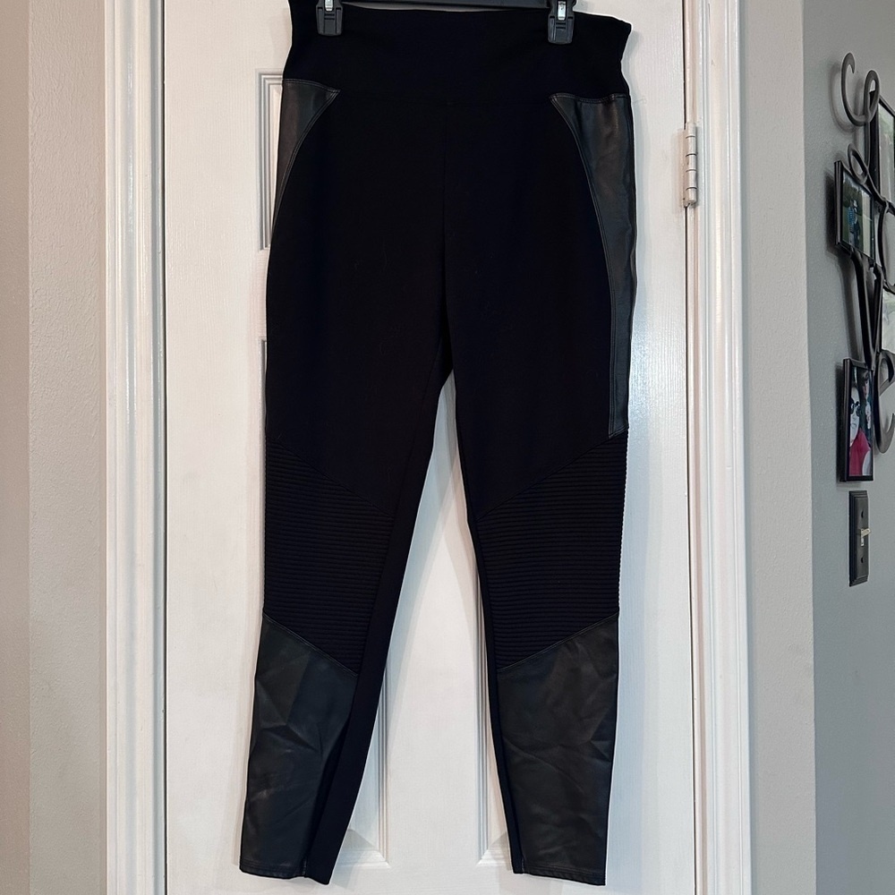 SPANX Black Leggings with Leather Accents